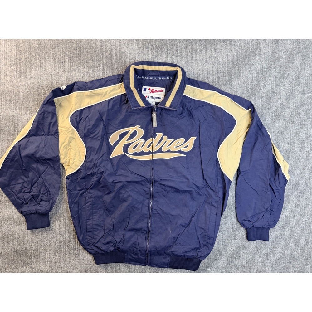 Majestic San Diego Padres Jacket Mens XL Blue Tan Full Zip Windbreaker MLB Y2K
